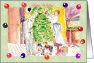 Happy Holidays, victorian Christmas couple trimming the tree card