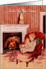 ’Twas the night before Christmas, boy reading to teddy bear, vintage card