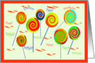 Happy Birthday, swirled lollipops, scattered happy and birthday text card