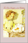 Dear daughter on her Birthday, girl with goldfish, retro livingroom card