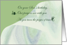 On your son’s birthday, remembrance, edwardian script, turning pages card