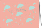 It’s a Shower, boy, blue umbrellas, footprints, prams, pink background card