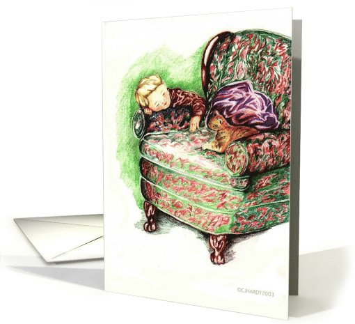 Early Morning Occasion boy with kitten card (803023)