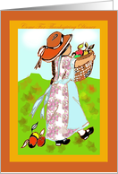 thanksgiving, invitation, peasant girl with basket, autumn leaves card