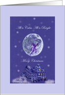 All is calm, all is bright, elf silhouette against moon, vintage home card