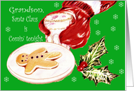 Christmas, Grandson, Santa hand with milk and cookie, snowflakes card