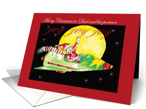 Merry Christmas, boy in rocket across starry sky, dad and partner card