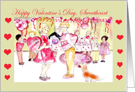 Happy Valentine’s Day, Sweetheart, boy and girl with large hearts, party card