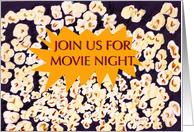 Join us for Movie Night, popcorn, invitation, yellow dialogue box card