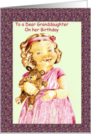 Granddaughter on her birthday, vintage, little girl holding teddy bear card