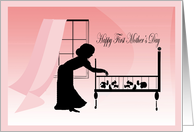 Happy first Mother’s Day, silhouette of Mother and babies in crib card