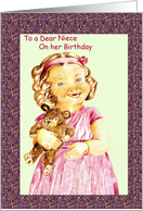 To Dear Niece on her Birthday, little girl, teddy bear, border card
