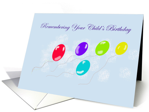 Remembering your child's birthday, ascending balloons on blue sky card
