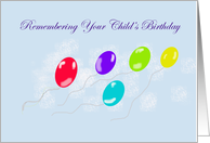 Remembering your child’s birthday, ascending balloons on blue sky card