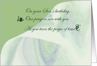 On your son’s birthday, remembrance, edwardian script, turning pages card