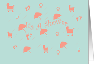 Baby Shower Invitation for Girl, pink umbrellas, footprints, baby buggies, on blue card