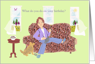 What do you do on your birthday, Stylized, Girl knitting on sofa card
