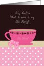Girly Tea Party Invitation With Cute Teacup and Pink Polka Dots card