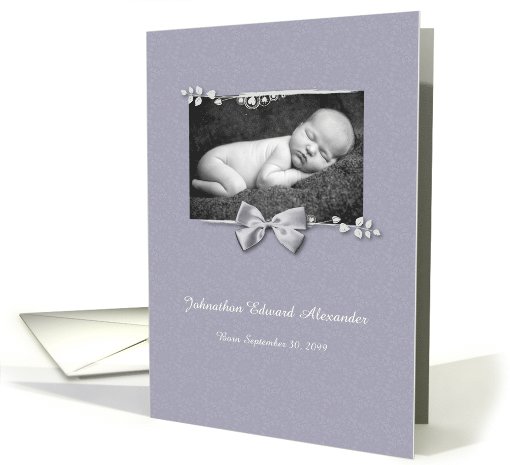 Elegant Lavender Photo Birth Announcement Silver Ribbon card (1055667)