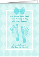 Sister Baby Shower Congratulations Blue Baby Footprints Printed Bow card