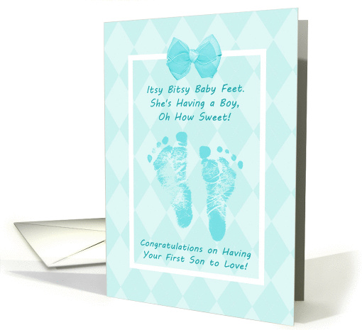 First Son Congratulations Blue Baby Footprints With Printed Bow card