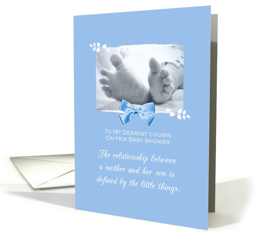 Cousin Baby Shower Congratulations Boy Baby Feet Printed Bow card