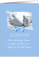 Cousin Baby Shower Congratulations Boy Baby Feet Printed Bow card