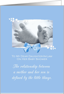 Daughter In Law Baby Shower Congratulations Boy Baby Feet Printed Bow card
