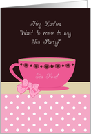 Girly Tea Party Invitation With Cute Teacup and Pink Polka Dots card