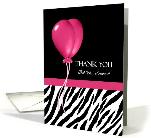 Thank You With Black and White Zebra Print and Pink Balloons card