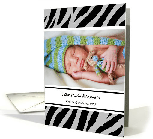 Trendy Black and White Zebra Print Photo Birth Announcement card