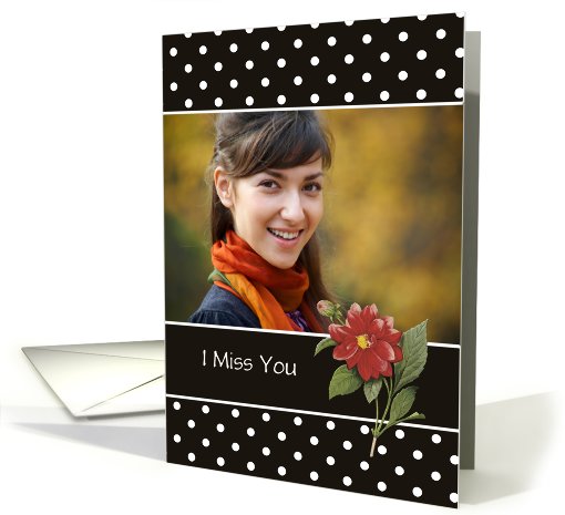 I Miss You - Orange Dahlia On Polka Dots - Personalized Photo card