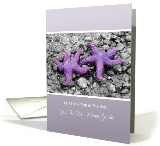 Wedding Congratulations, Purple Bride and Groom Starfish On Beach card