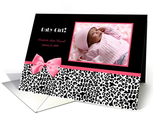 Trendy Pink And Black Photo Birth Announcements With Pink Ribbon card