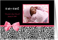 Trendy Pink And Black Photo Birth Announcements With Pink Ribbon card