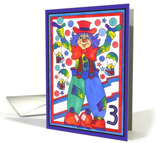 Colorful Clown with parachute gifts and stars, 3rd Birthday card