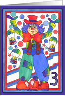Colorful Clown with parachute gifts and stars, 3rd Birthday card