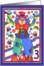 Colorful Clown with parachute gifts and stars, 3rd Birthday card