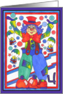 Colorful Clown with parachute gifts and stars, 4th Birthday card