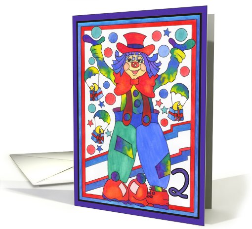 Colorful Clown with parachute gifts and stars, 2nd Birthday card