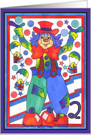 Colorful Clown with parachute gifts and stars, 2nd Birthday card
