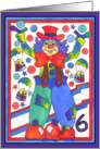 Colorful Clown with parachute gifts and stars, 6th Birthday card