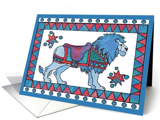 Carousel like blue lion, bright colorful saddle card (806034)