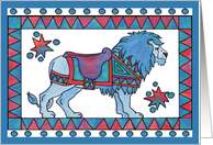 Carousel like blue lion, bright colorful saddle card