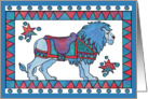 Carousel like blue lion, bright colorful saddle card