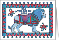 Carousel like Lion Blue with colorful saddle, (Dad you are my hero) card