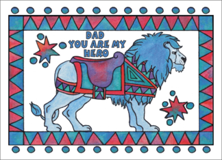 Carousel like Lion Blue with colorful saddle, (Dad you are my hero)
