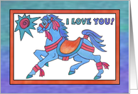 Blue Carousel Horse , I Love You card