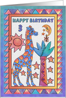 Blue Giraffe,Happy Birthday 3 yr old card
