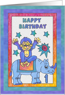 Blue Rhino and Monkey, Happy 1st Birthday card